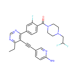 CCc1ncnc(-c2ccc(C(=O)N3CCN(CC(F)F)CC3)c(F)c2)c1C#Cc1ccc(N)nc1 ZINC000148746814