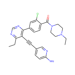 CCc1ncnc(-c2ccc(C(=O)N3CCN(CC)CC3)c(Cl)c2)c1C#Cc1ccc(N)nc1 ZINC000148681493