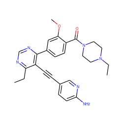 CCc1ncnc(-c2ccc(C(=O)N3CCN(CC)CC3)c(OC)c2)c1C#Cc1ccc(N)nc1 ZINC000148880959