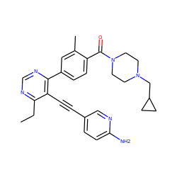 CCc1ncnc(-c2ccc(C(=O)N3CCN(CC4CC4)CC3)c(C)c2)c1C#Cc1ccc(N)nc1 ZINC000148962063