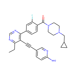 CCc1ncnc(-c2ccc(C(=O)N3CCN(CC4CC4)CC3)c(F)c2)c1C#Cc1ccc(N)nc1 ZINC000148533076