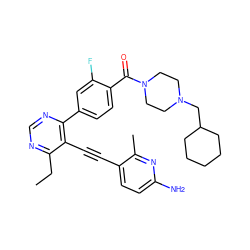 CCc1ncnc(-c2ccc(C(=O)N3CCN(CC4CCCCC4)CC3)c(F)c2)c1C#Cc1ccc(N)nc1C ZINC000148871949