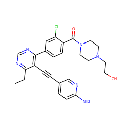 CCc1ncnc(-c2ccc(C(=O)N3CCN(CCO)CC3)c(Cl)c2)c1C#Cc1ccc(N)nc1 ZINC000148471991