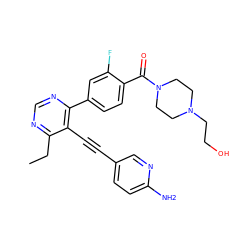 CCc1ncnc(-c2ccc(C(=O)N3CCN(CCO)CC3)c(F)c2)c1C#Cc1ccc(N)nc1 ZINC000148666277