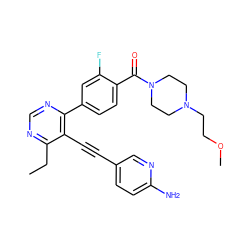 CCc1ncnc(-c2ccc(C(=O)N3CCN(CCOC)CC3)c(F)c2)c1C#Cc1ccc(N)nc1 ZINC000148300764