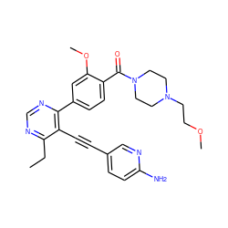 CCc1ncnc(-c2ccc(C(=O)N3CCN(CCOC)CC3)c(OC)c2)c1C#Cc1ccc(N)nc1 ZINC000148859460