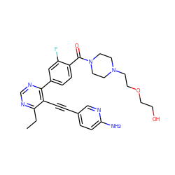 CCc1ncnc(-c2ccc(C(=O)N3CCN(CCOCCO)CC3)c(F)c2)c1C#Cc1ccc(N)nc1 ZINC000148899960