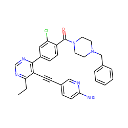 CCc1ncnc(-c2ccc(C(=O)N3CCN(Cc4ccccc4)CC3)c(Cl)c2)c1C#Cc1ccc(N)nc1 ZINC000148392224