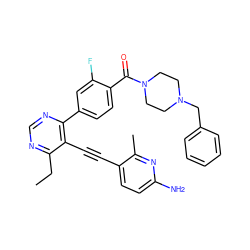 CCc1ncnc(-c2ccc(C(=O)N3CCN(Cc4ccccc4)CC3)c(F)c2)c1C#Cc1ccc(N)nc1C ZINC000148873647