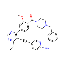 CCc1ncnc(-c2ccc(C(=O)N3CCN(Cc4ccccc4)CC3)c(OC)c2)c1C#Cc1ccc(N)nc1 ZINC000148518586