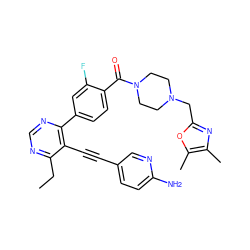 CCc1ncnc(-c2ccc(C(=O)N3CCN(Cc4nc(C)c(C)o4)CC3)c(F)c2)c1C#Cc1ccc(N)nc1 ZINC000148833607