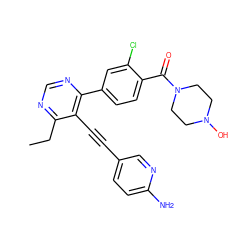 CCc1ncnc(-c2ccc(C(=O)N3CCN(O)CC3)c(Cl)c2)c1C#Cc1ccc(N)nc1 ZINC000167346428