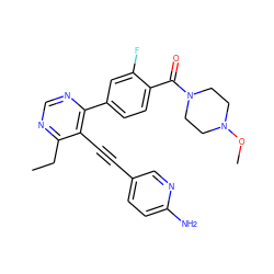 CCc1ncnc(-c2ccc(C(=O)N3CCN(OC)CC3)c(F)c2)c1C#Cc1ccc(N)nc1 ZINC000167337763