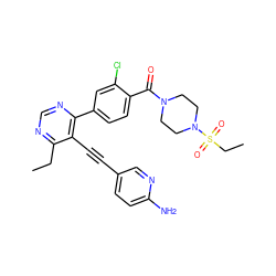 CCc1ncnc(-c2ccc(C(=O)N3CCN(S(=O)(=O)CC)CC3)c(Cl)c2)c1C#Cc1ccc(N)nc1 ZINC000148889621