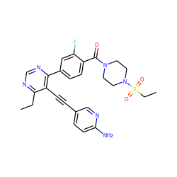 CCc1ncnc(-c2ccc(C(=O)N3CCN(S(=O)(=O)CC)CC3)c(F)c2)c1C#Cc1ccc(N)nc1 ZINC000148844980