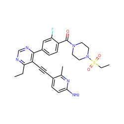 CCc1ncnc(-c2ccc(C(=O)N3CCN(S(=O)(=O)CC)CC3)c(F)c2)c1C#Cc1ccc(N)nc1C ZINC000148749305