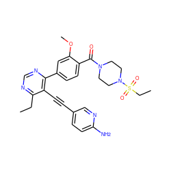 CCc1ncnc(-c2ccc(C(=O)N3CCN(S(=O)(=O)CC)CC3)c(OC)c2)c1C#Cc1ccc(N)nc1 ZINC000148666050