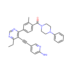 CCc1ncnc(-c2ccc(C(=O)N3CCN(c4ccccc4)CC3)c(C)c2)c1C#Cc1ccc(N)nc1 ZINC000148760895