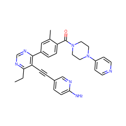 CCc1ncnc(-c2ccc(C(=O)N3CCN(c4ccncc4)CC3)c(C)c2)c1C#Cc1ccc(N)nc1 ZINC000148409713