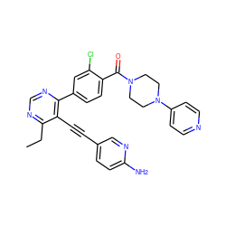 CCc1ncnc(-c2ccc(C(=O)N3CCN(c4ccncc4)CC3)c(Cl)c2)c1C#Cc1ccc(N)nc1 ZINC000148276373