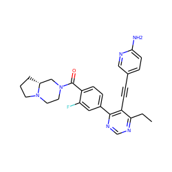 CCc1ncnc(-c2ccc(C(=O)N3CCN4CCC[C@@H]4C3)c(F)c2)c1C#Cc1ccc(N)nc1 ZINC000148401203