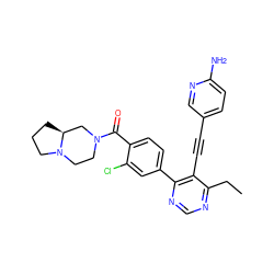 CCc1ncnc(-c2ccc(C(=O)N3CCN4CCC[C@H]4C3)c(Cl)c2)c1C#Cc1ccc(N)nc1 ZINC000148686342