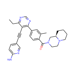 CCc1ncnc(-c2ccc(C(=O)N3CCN4CCCC[C@@H]4C3)c(C)c2)c1C#Cc1ccc(N)nc1 ZINC000167393091