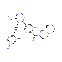 CCc1ncnc(-c2ccc(C(=O)N3CCN4CCCC[C@@H]4C3)c(F)c2)c1C#Cc1ccc(N)nc1C ZINC000148598064