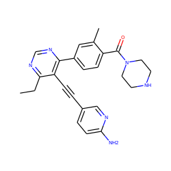 CCc1ncnc(-c2ccc(C(=O)N3CCNCC3)c(C)c2)c1C#Cc1ccc(N)nc1 ZINC000167404768