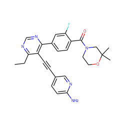 CCc1ncnc(-c2ccc(C(=O)N3CCOC(C)(C)C3)c(F)c2)c1C#Cc1ccc(N)nc1 ZINC000148813047