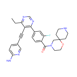 CCc1ncnc(-c2ccc(C(=O)N3CCOC4(CCNCC4)C3)c(F)c2)c1C#Cc1ccc(N)nc1 ZINC000167472849