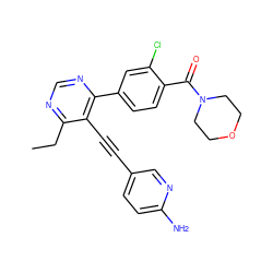 CCc1ncnc(-c2ccc(C(=O)N3CCOCC3)c(Cl)c2)c1C#Cc1ccc(N)nc1 ZINC000148733013