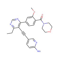 CCc1ncnc(-c2ccc(C(=O)N3CCOCC3)c(OC)c2)c1C#Cc1ccc(N)nc1 ZINC000148243278