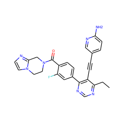 CCc1ncnc(-c2ccc(C(=O)N3CCn4ccnc4C3)c(F)c2)c1C#Cc1ccc(N)nc1 ZINC000167444340