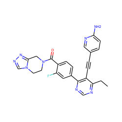 CCc1ncnc(-c2ccc(C(=O)N3CCn4cnnc4C3)c(F)c2)c1C#Cc1ccc(N)nc1 ZINC000167443989