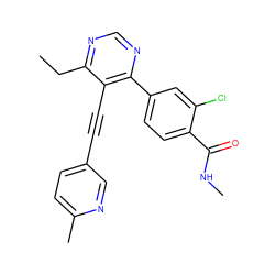 CCc1ncnc(-c2ccc(C(=O)NC)c(Cl)c2)c1C#Cc1ccc(C)nc1 ZINC000148565207