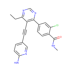 CCc1ncnc(-c2ccc(C(=O)NC)c(Cl)c2)c1C#Cc1ccc(N)nc1 ZINC000148382374