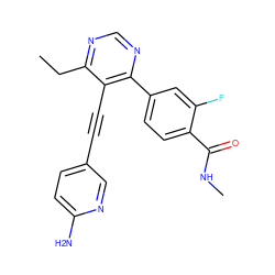 CCc1ncnc(-c2ccc(C(=O)NC)c(F)c2)c1C#Cc1ccc(N)nc1 ZINC000148807311