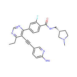 CCc1ncnc(-c2ccc(C(=O)NC[C@@H]3CCN(C)C3)c(F)c2)c1C#Cc1ccc(N)nc1 ZINC000148865977