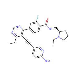 CCc1ncnc(-c2ccc(C(=O)NC[C@H]3CCCN3CC)c(F)c2)c1C#Cc1ccc(N)nc1 ZINC000148977000