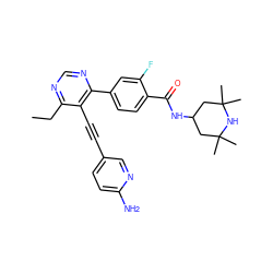 CCc1ncnc(-c2ccc(C(=O)NC3CC(C)(C)NC(C)(C)C3)c(F)c2)c1C#Cc1ccc(N)nc1 ZINC000148735168