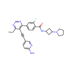 CCc1ncnc(-c2ccc(C(=O)NC3CC(N4CCCC4)C3)c(F)c2)c1C#Cc1ccc(N)nc1 ZINC000148739214