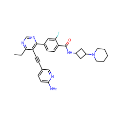 CCc1ncnc(-c2ccc(C(=O)NC3CC(N4CCCCC4)C3)c(F)c2)c1C#Cc1ccc(N)nc1 ZINC000148738509