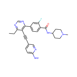 CCc1ncnc(-c2ccc(C(=O)NC3CCN(C)CC3)c(F)c2)c1C#Cc1ccc(N)nc1 ZINC000148687715