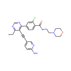 CCc1ncnc(-c2ccc(C(=O)NCCN3CCOCC3)c(Cl)c2)c1C#Cc1ccc(N)nc1 ZINC000148601553