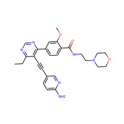 CCc1ncnc(-c2ccc(C(=O)NCCN3CCOCC3)c(OC)c2)c1C#Cc1ccc(N)nc1 ZINC000148525542