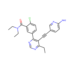 CCc1ncnc(-c2ccc(Cl)c(C(=O)N(CC)CC)c2)c1C#Cc1ccc(N)nc1 ZINC000167282730