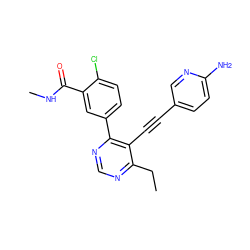 CCc1ncnc(-c2ccc(Cl)c(C(=O)NC)c2)c1C#Cc1ccc(N)nc1 ZINC000148660996