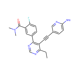 CCc1ncnc(-c2ccc(F)c(C(=O)N(C)C)c2)c1C#Cc1ccc(N)nc1 ZINC000148665816