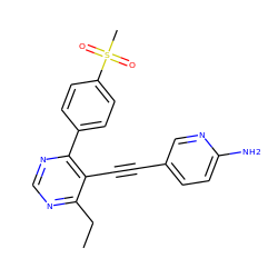 CCc1ncnc(-c2ccc(S(C)(=O)=O)cc2)c1C#Cc1ccc(N)nc1 ZINC000148383027